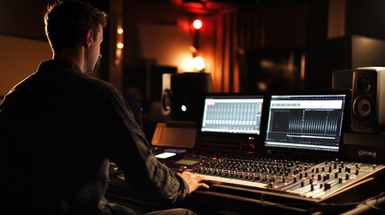 Photograph a musician using digital tools and software to create and mix music in a high-tech studio.
