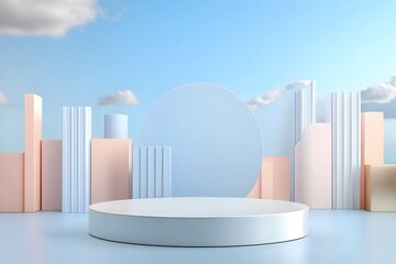 Sleek Chrome Podium with Geometric Sculptures and Futuristic Cityscape Backdrop for Consumer Tech Presentation