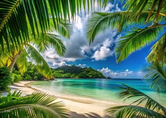 A tranquil tropical beach, framed by vibrant green palm leaves, reveals a breathtaking view of a stunning paradise island, inviting relaxation and serenity.