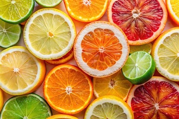 Obraz premium A vibrant display of citrus fruit slices, including orange, lime, grapefruit, and lemon, arranged beautifully against a clean white background for a fresh, inviting look.