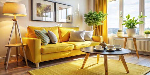 Fototapeta premium A vibrant modern living room showcases a yellow sofa, stylish lamp, and contemporary coffee table, creating a cheerful atmosphere in this inviting apartment space.