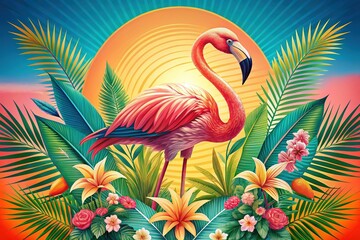 A vibrant retro flamingo poster featuring vivid tropical elements, perfect for summer vibes. Embrace bright colors and playful designs to evoke a tropical paradise atmosphere.