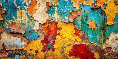 A weathered wall reveals textures and colors, showcasing layers of peeling paint and materials that tell a story of time and weathering.