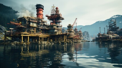 Fototapeta premium A large oil rig stands tall on the coastline, its metallic structure reflecting the cloudy sky and calm water. The industrial landscape is framed by mountains in the distance.
