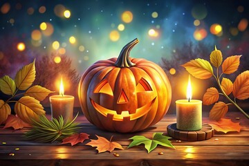 Fototapeta premium A whimsical illustration of a hand-drawn Halloween pumpkin candle, radiating warm light, surrounded by festive seasonal decorations like autumn leaves and playful bats.