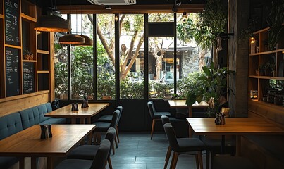 Fototapeta premium A cozy and inviting café interior with wooden tables, dark gray chairs