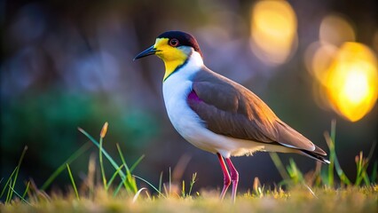 Fototapeta premium An Australian Masked Lapwing, Vanellus miles novaehollandiae, elegantly stands amidst a lush, short grass landscape, showcasing its striking features and unique elegance in nature.