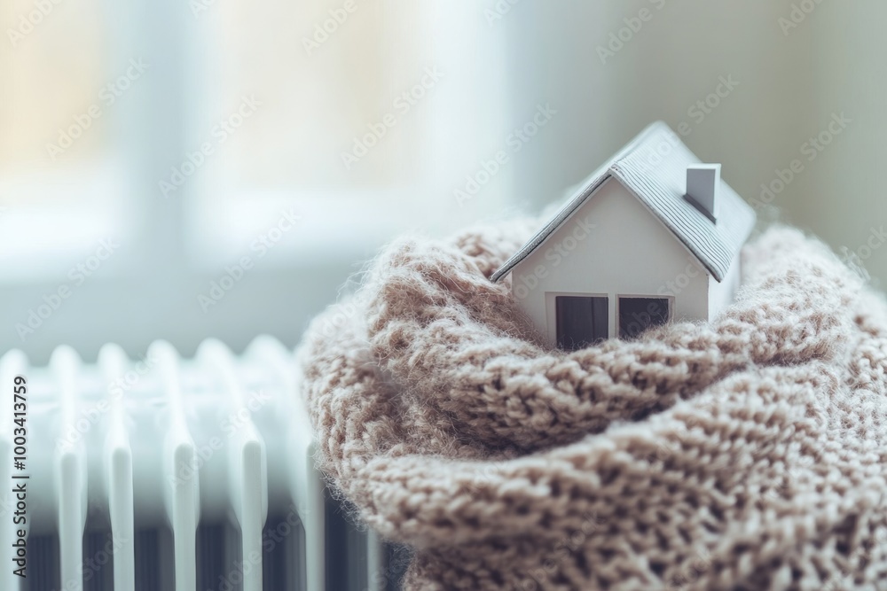 Wall mural Small model house wrapped in a warm scarf resting on a radiator illustrates home insulation and energy efficiency during winter