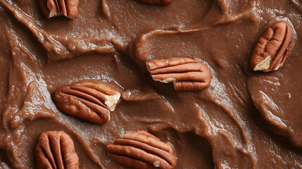 a close-up, top-down view of pecan butter spread across the frame, filling the image with its rich brown color and smooth texture