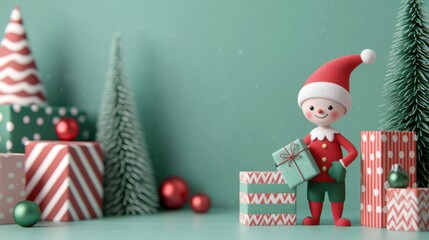 Cheerful elf with gifts in a festive setting on turquoise background.