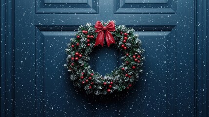 Christmas wreath adorned with red berries and bow on a blue door, snow falling.