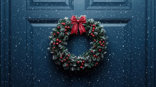 Christmas wreath adorned with red berries and bow on a blue door, snow falling.