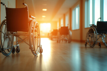 serene nursing home hallway with wheelchairs bathed in warm light.