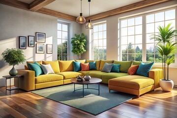 Fototapeta premium Discover the Sleek Modular Corner Sofa, designed with Scandinavian loft charm and minimalist decor, featuring clean lines perfect for modern living spaces.