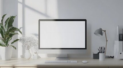 3D Minimal desktop with blank screen mockup, Empty screen for text, and logo replacement concept. 3d render illustration. 