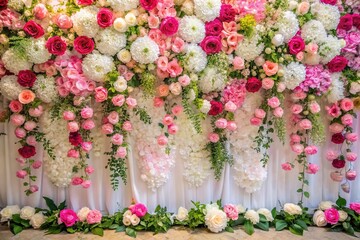 Naklejka premium Elegant white and pink floral backdrop, ideal for weddings, events, and artistic photography projects, adds a touch of sophistication and beauty to any occasion.