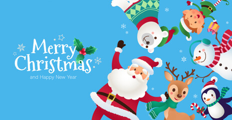 Christmas background with Santa Claus, snowman, elf, polar bear, reindeer, penguin, Christmas decoration on snow day backdrop. Editable vector illustration for digital media and printed media