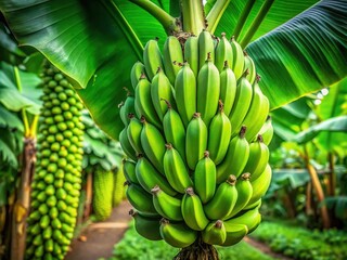 Fresh green raw bananas thrive amidst abundant greenery, surrounded by vibrant leaves, showcasing their natural growth and the beauty of their lush environment.