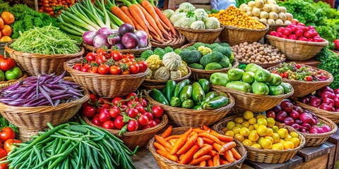 Fototapeta premium Fresh, organic vegetables showcased in baskets and stalls at the local market, attracting health food enthusiasts with vibrant colors and wholesome nutrition options.