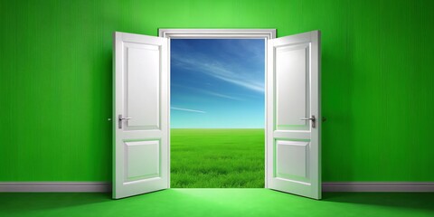 Graceful double white doors swing open to a vibrant green screen, embodying a warm welcome and the promise of fresh opportunities in a stunning 3D display.