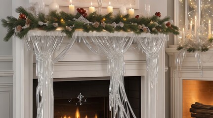 a fireplace with a christmas wreath and candles on it