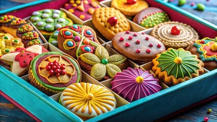 Indulge in a delightful collection of cookies beautifully packaged in a decorative box, perfect for gifting or savoring on your own special occasions.