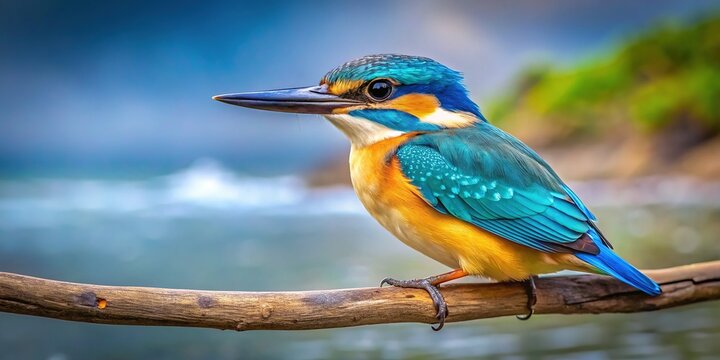 Immature Sacred Kingfisher sits on a branch above the blue tidal river, surrounded by the overcast Australian sky, embodying nature's beauty and tranquility.