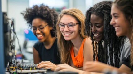 Women in Tech: Show a group of women from different ethnicities working together in a tech lab, breaking barriers in STEM fields 