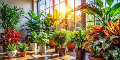Fototapeta premium Investigating how natural light influences indoor plant growth, highlighting the stunning beauty of flora enhanced by sunlight's nourishing rays for thriving greenery.