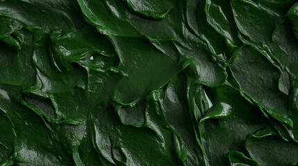 Fototapeta premium a close-up, top-down view of spinach paste spread across the frame, filling the image with its dark green color and smooth texture