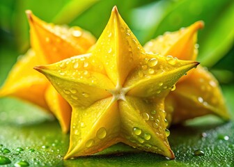 Fototapeta premium Lush green backdrop highlights a macro shot of fresh yellow starfruit, glistening dew drops enhancing its vibrant colors, creating an enchanting natural photography scene.