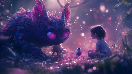 Generative ai little cute child in fantasy land meeting fantastic creature. Fairy Tale Creature. Illustration