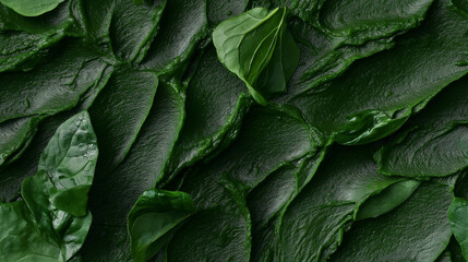 Fototapeta premium a close-up, top-down view of spinach paste spread across the frame, filling the image with its dark green color and smooth texture