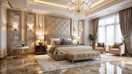 Opulent bedroom adorned with marble accents, showcasing an elegant bed enveloped in soft beige hues, creating a serene and sophisticated atmosphere for ultimate relaxation.