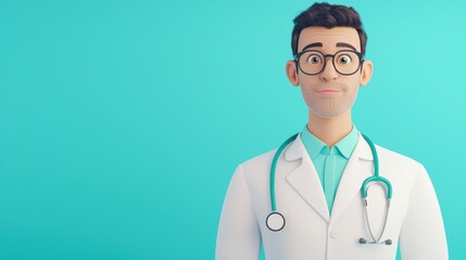 Fototapeta premium Male doctor in a lab coat, smiling against a bright blue background.