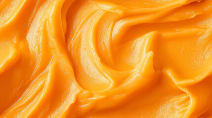 a close-up, top-down view of sweet potato paste spread across the frame, filling the image with its soft orange color and creamy texture