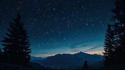 Naklejka premium Night Sky Mountainscape with Starry Sky