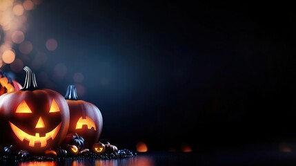 Glowing Halloween pumpkins with carved faces on a dark spooky background, perfect for banner designs with copy space. Eerie jack-o'-lanterns illuminated, creating a mysterious atmosphere for Halloween