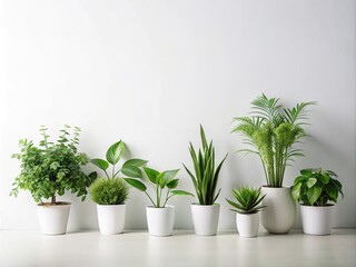 Fototapeta premium Sleek arrangement of green plants against a white backdrop for a fresh, modern aesthetic, perfect for enhancing clean and contemporary living spaces.