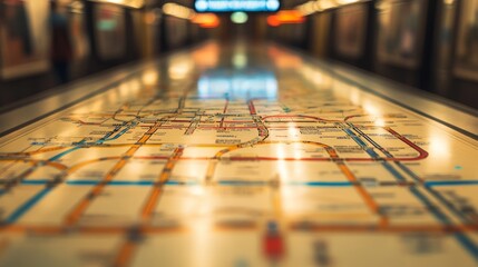 Obraz premium A close-up view of a subway map, with blurred surroundings, highlighting the intricate network of transportation routes.