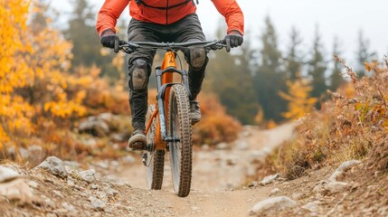 Mountain biker riding on a trail surrounded by autumn foliage and trees.