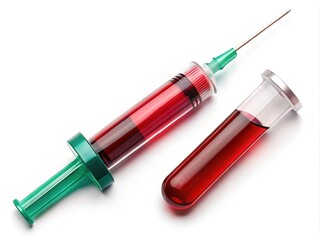 Fototapeta premium Syringe and blood test tube isolated on a white background, ideal for medical and laboratory applications, ensuring precise specimen collection and analysis for diagnostics.
