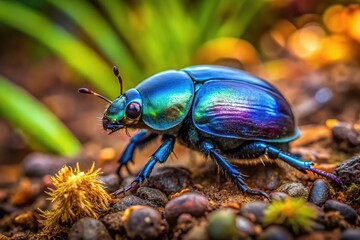Fototapeta premium The Earthboring Dung Beetle, Geotrupes stercorarius, thrives in its natural habitat, surrounded by rich soil and diverse vegetation, playing a vital ecological role.