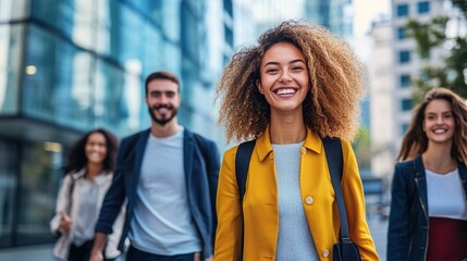Obraz premium Joyful Group Walking in Urban Environment