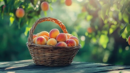 A basket of freshly picked peaches sitting on a wooden table, with the background blurred to emphasize the fruit.