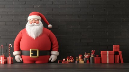 Santa Claus with gifts and candy canes against a brick wall, festive holiday spirit.