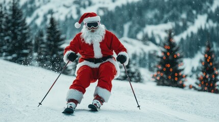 Santa skiing down snowy slopes, festive atmosphere, winter wonderland.