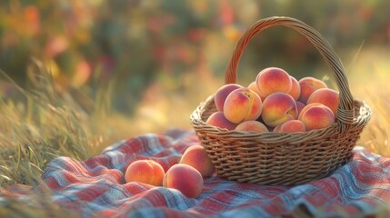A basket of peaches sitting on a picnic blanket, with the fruit glowing in the soft afternoon light.