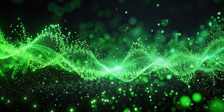 Vibrant green particles ascend against a black backdrop, showcasing dynamic motion visuals complemented by rhythmic sound wave effects for an immersive experience.