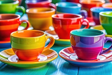 Vivid coffee cups and saucers painting set against a bright backdrop, perfect for adding artistic flair to home decor and enhancing your design aesthetic.